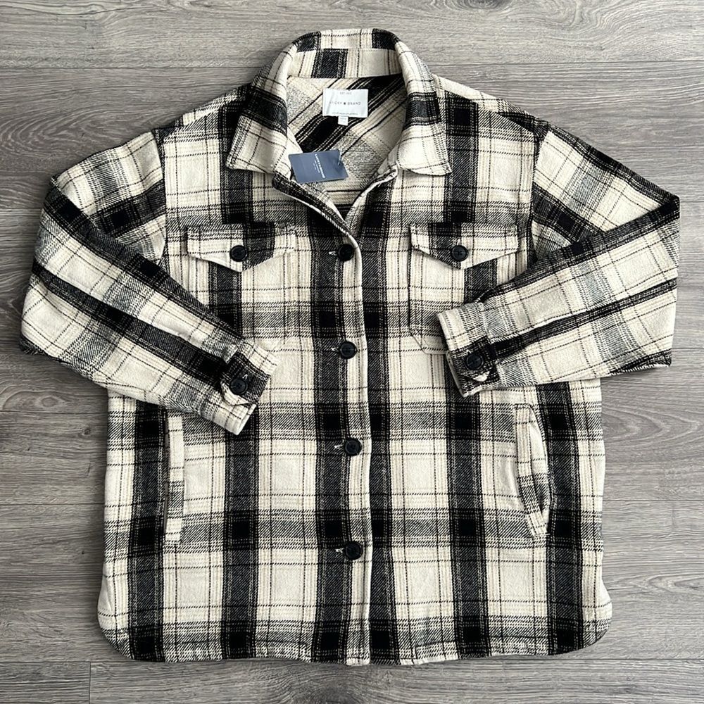 LUCKY BRAND Oversized Shacket Medium Plaid Cream Black Shirt Jacket 90s Western